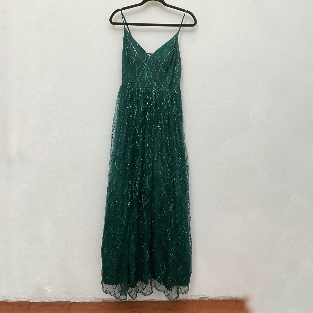 Say Yes Juniors Glitter-Tulle Lace-Up V-Neck Gown Hunter Green Sequins Size 9/10
